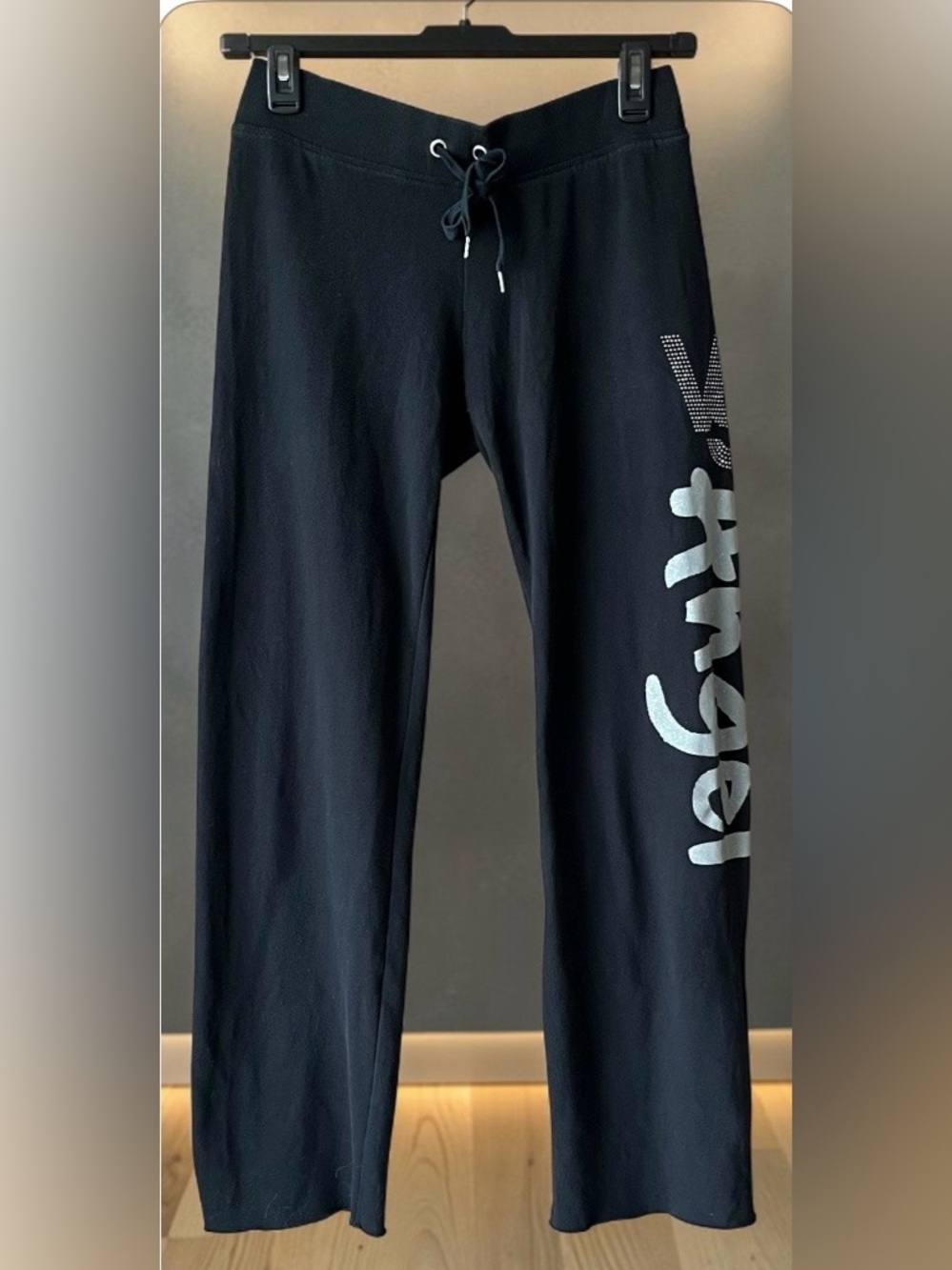 Victoria's Secret Y2K "Angel" Rhinestone Black Joggers with Silver Side Logo